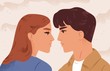 Portrait of couple looking to each other having fondness vector flat illustration. Face profile of enamored man and woman before kiss. Romantic scene of pair. Concept of feeling, love and tenderness