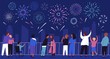 Crowd of people admiring celebratory fireworks at night cityscape vector flat illustration. Citizens of megapolis contemplating festive pyrotechnics show. Man, woman and children at urban holiday