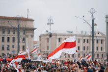 MINSK, BELARUS - August 23, 2020:  March Of New Belarus In Minsk. Flag Of Belarus. White Red White
