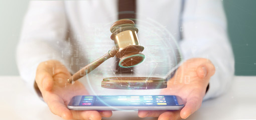 Poster - businessman holding a justice hammer and data - 3d rendering