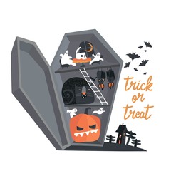 Cartoon illustration with coffin and halloween elements