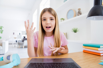 Sticker - Close up photo of serious kid girl sit comfort cozy table study remote use laptop have online video call lesson class talk speak in house indoors