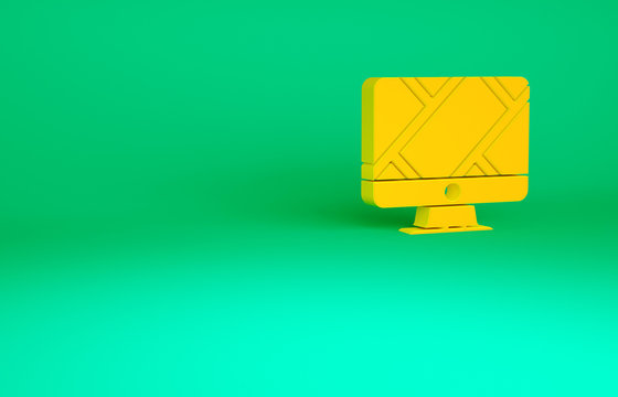 Orange Computer monitor and folded map with location marker icon isolated on green background. Minimalism concept. 3d illustration 3D render.