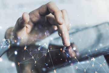 Aufkleber - Creative concept of wireless technology and finger clicks on a digital tablet on background. Big data and database concept. Multiexposure