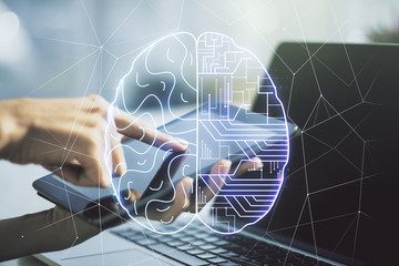Poster - Creative artificial Intelligence concept with human brain hologram and finger clicks on a digital tablet on background. Multiexposure