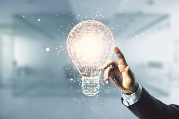 Poster - Double exposure of male hand presses on creative light bulb hologram on blurred office background, research and development concept