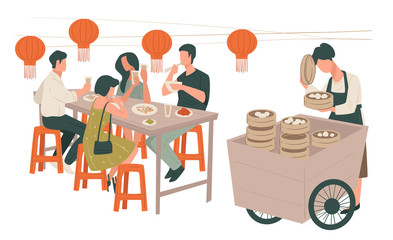 Chinese restaurant interior, people eating asian food vector