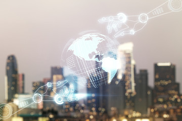Poster - Double exposure of abstract virtual robotics technology with world map hologram on blurry cityscape background. Research and development software concept
