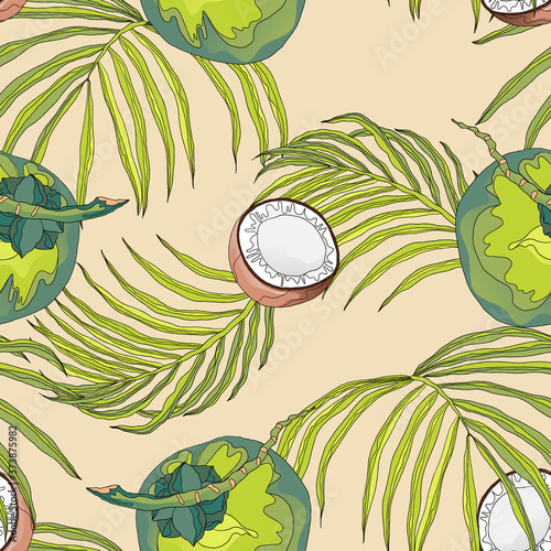 Plant seamless pattern, hand drawn line art coconut and leaves on bright brown
