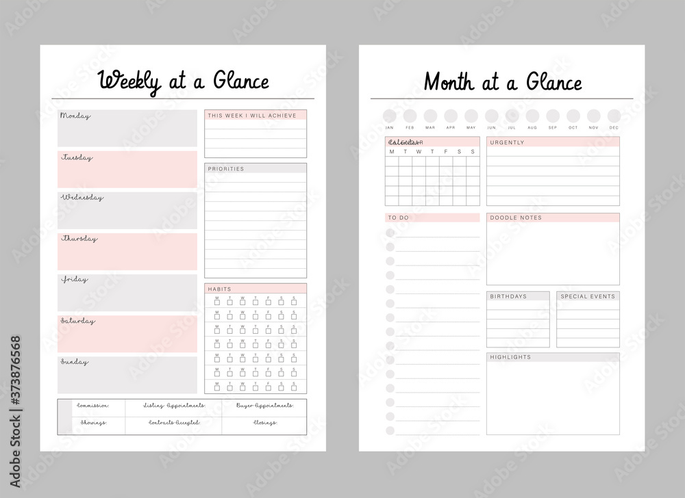 Set of Weekly and Monthly at a Glance Planner sheets. Clear and simple printable to do list. Business organizer page. Paper sheet. Realistic vector illustration. - obrazy, fototapety, plakaty 
