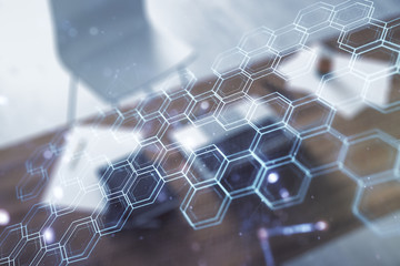 Aufkleber - Creative abstract wireless technology hologram with hexagon and modern desktop with pc on background, artificial intelligence and machine learning concept. Multi exposure