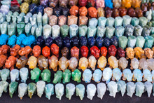 Many Small Elephants Stone Figurines At Street Market, Selective Focus