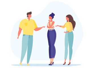 A group of people are talking. The girls and the man argue. Flat vector illustration.