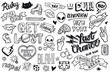 A set of teen culture graffiti doodles suitable for decoration, badges, stickers or embroidery. Vector illustrations.
