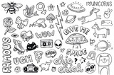 Fototapeta Fototapety dla młodzieży do pokoju - A set of teen culture graffiti doodles suitable for decoration, badges, stickers or embroidery. Vector illustrations.