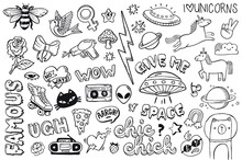A Set Of Teen Culture Graffiti Doodles Suitable For Decoration, Badges, Stickers Or Embroidery. Vector Illustrations.