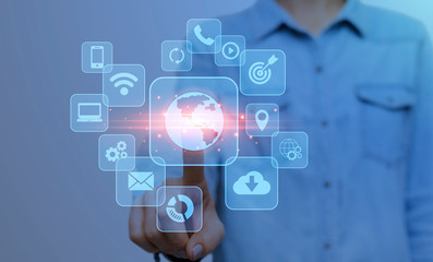 Poster - Digital Marketing. Woman Pushing Button On Virtual Screen With Various Web Icons
