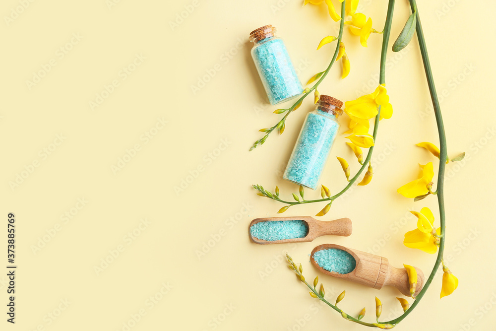 Sea salt on color background