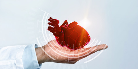Poster - Illustration of afro doctor in coat holding virtual heart