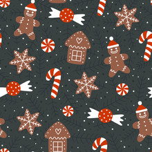 Seamless Pattern With Christmas Gingerbread Cookies. Christmas House, Snowflake, Gingerbread Man And Candy Cane.