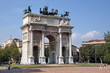 Sempione Park (Parco Sempione) in Milan with Tourists, Italy. View on Arch of Peace (Arco della Pace).