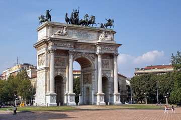 Wall Mural - Sempione Park (Parco Sempione) in Milan with Tourists, Italy. View on Arch of Peace (Arco della Pace).