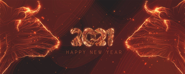 Poster - Chinese new year 2021 year of the ox. Bull heads made with glowing lines and sparks. 2021 Happy New Year text made with spark trails. Golden magical greeting card.