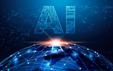 Poster - Artificial Intelligence Concept. Lettering AI Over Planet Earth Globe With Connection Dots
