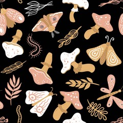 Canvas Print - Seamless pattern with mushrooms, leaves, worms and moths on black background. Vector doodle print for fabric, textile, background, wallpaper, wear, cloth