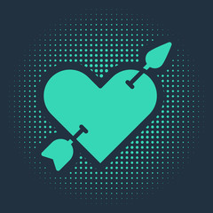 Poster - Green Amour symbol with heart and arrow icon isolated on blue background. Love sign. Valentines symbol. Abstract circle random dots. Vector.