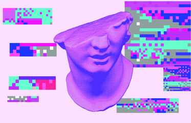 Poster - Cyberpunk-style collage with fragmentary  colossal 3D head and pixel artifacts. Vaporwave and retrowave aesthetics from the 80s.