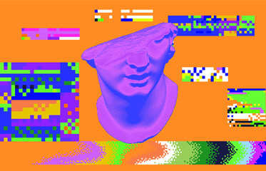 Poster - Cyberpunk-style collage with fragmentary  colossal 3D head and pixel artifacts. Vaporwave and retrowave aesthetics from the 80s.