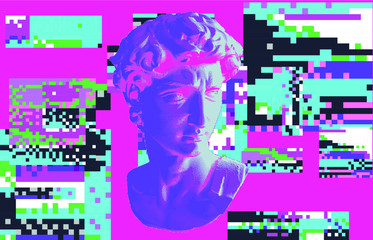Aufkleber - Plaster bust in bitmap pixel art style. Vaporwave and retrowave aesthetics from the 80s.