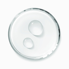 Two water drops on petri dish isolated realistic vector illustration, top view. Concept laboratory tests and research. Transparent chemistry glassware