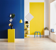 Yellow And Blue Wall Background, Interior Style, Round Wood, Frame And Lamp.