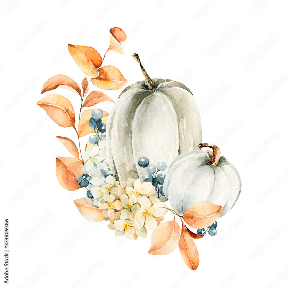 Watercolor pumpkins composition. Hand painted blue and orange pumpkins ...