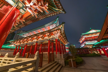 Wall Mural - ancitent pavilion in nan chang jiang xi province China at night,All Chinese words only introduce itself which means 