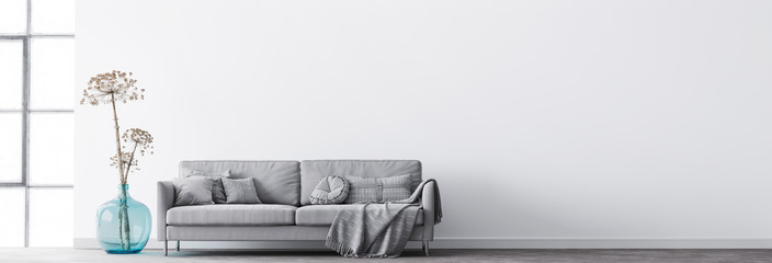 Wall Mural - Minimal interior living room design, modern grey sofa with cushions  plaid on empty white background with big window, blue vase, and trendy dried flowers. Scandinavian home decor, panorama, 3d render