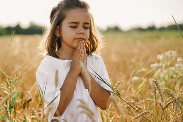 Wall Mural - Little Girl closed her eyes, praying in a field wheat. Hands folded in prayer. 