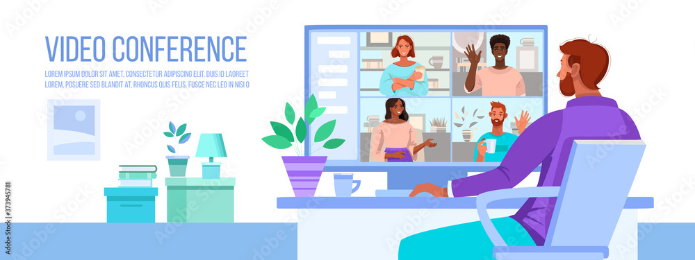 Video conference and call vector illustration with man working at home, computer screen with diverse people. Online virtual meeting flat banner with multinational people. Video conference concept - obrazy, fototapety, plakaty 