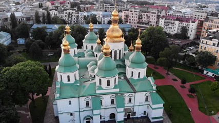 Wall Mural - Aerial view of the bell tower and Saint Sophia's Cathedral shot at dusk Kiev, Ukraine.