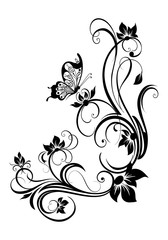 Wall Mural - Black branch with butterfly on white background.