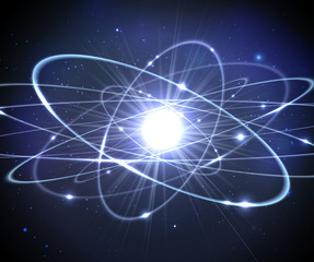 shining atom model. neon orbit with galaxy blue background.