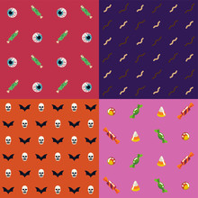 Set Of Vector Flat Design Halloween Patterns. Ideal For Wrapping Paper Or Textile Printing. Hallows Eve Backgrounds With Skulls, Bats, Worms, Candies, Eyeballs And Severed Fingers