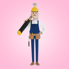 A builder with a hard hat and a big hammer. Construction worker. 3D illustration in cartoon style.