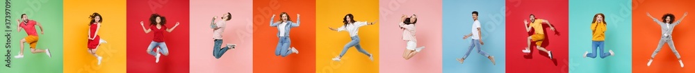 Photo set collage of eleven multiethnic expressive happy young people group wearing t-shirts having fun, jumping or flying up in air different poses isolated on colorful background, studio portraits. - obrazy, fototapety, plakaty 