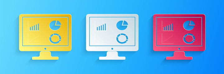 Poster - Paper cut Computer monitor with graph chart icon isolated on blue background. Report text file icon. Accounting sign. Audit, analysis, planning. Paper art style. Vector.
