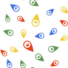 Poster - Color Map pointer with hot coffee cup icon isolated seamless pattern on white background. Vector.