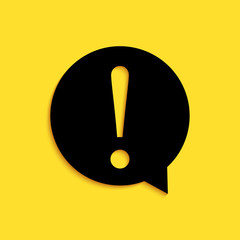 Poster - Black Exclamation mark in circle icon isolated on yellow background. Hazard warning symbol. FAQ sign. Copy files, chat speech bubble. Long shadow style. Vector.
