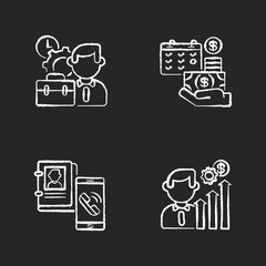 Sticker - Professional occupation chalk white icons set on black background. Working conditions, career promotion opportunities, salary payment and contact info. Isolated vector chalkboard illustrations